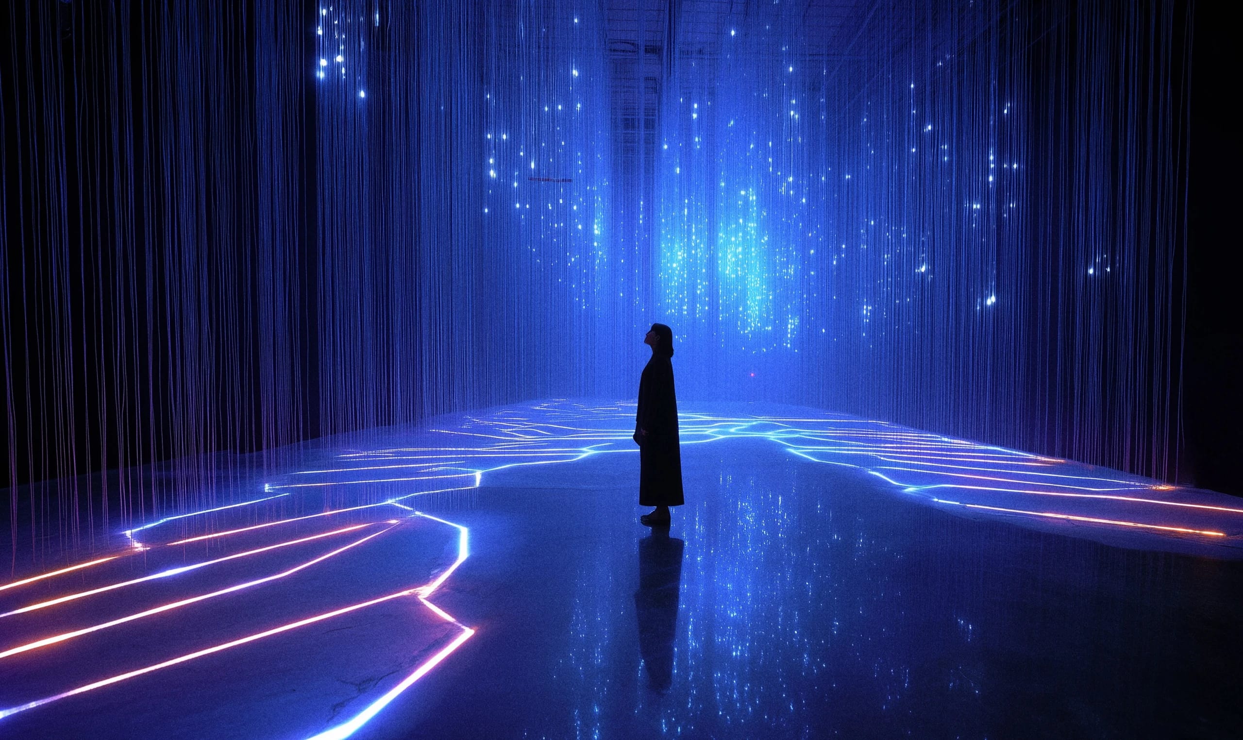 A visitor stands among curtains of light in a dark room